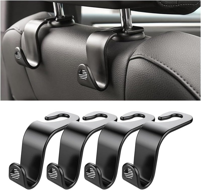 Hanemia 4PCS Car Seat Headrest Hooks, Auto Back Seat Hanger Holder, Durable Stylish Vehicle Organizer Universal Car Interior Accessories, Storage Hooks for Purses, Bags, Clothes, Hats (Black/Black Flag) - Image 1